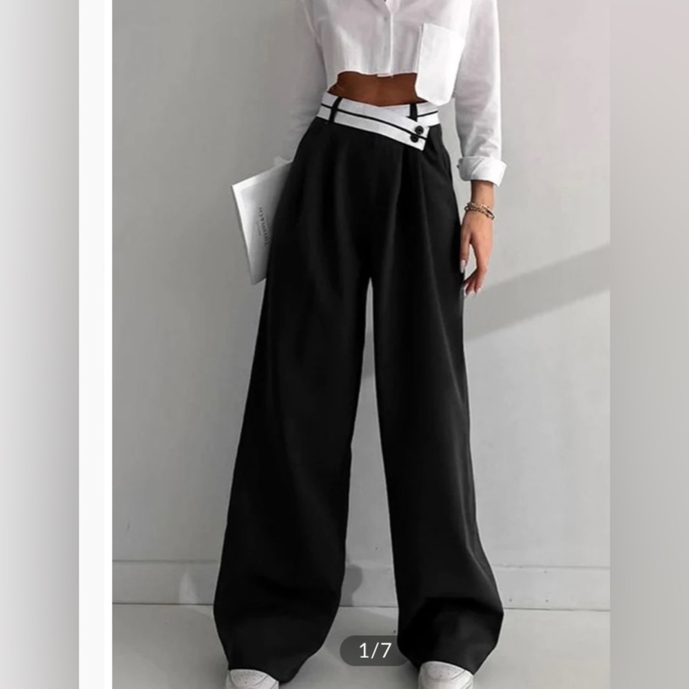 Asymmetrical Contrast Waistband Wide Leg Pants